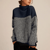 Women's Oversized Panelled Turtleneck Sweater in Blue, on model