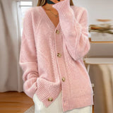 Women's Cable-Knit Oversized Cardigan in Pink, on model