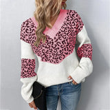 Women's Leopard-Print V-Neck Sweater in Pink, on model