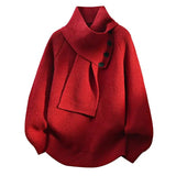 Women's Ribbed Panelled Asymmetric Turtleneck Sweater in Red, on model