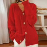 Women's Cable-Knit Oversized Cardigan in Red, on model
