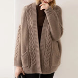 Women's Long-Sleeve Knit Cardigan in Brown, on model