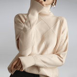 Women's Ribbed Oversized Panelled Turtleneck Sweater in Beige, on model