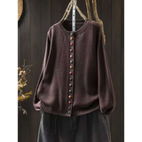 Women's Colorful-Button Knit Cardigan in Dark Brown, on model