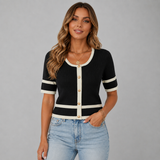 Women's Button-Front Cropped Slim-Fit Cardigan in Black, on model