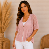 Women's Button-Front Open-Weave Oversized Cardigan in Pink, on model