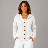 Women's Button-Front Oversized Hooded Cardigan in White, on model