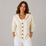 Women's Button-Front Oversized Hooded Cardigan in Beige, on model