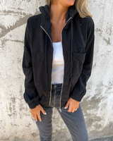 Women's Button-Front Oversized Pocket Cardigan in Black, on model