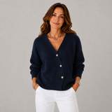 Women's Button-Front Ribbed Cropped Cardigan in Navy Blue, on model
