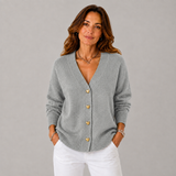 Women's Button-Front Ribbed Oversized Cardigan in Gray, on model