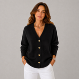 Women's Button-Front Ribbed Oversized Cardigan in Black, on model