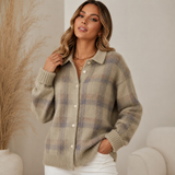 Women's Button-Front Ribbed Oversized Plaid Cardigan in Beige, on model
