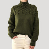 Women's Cable-Knit Twist-Knit Oversized Turtleneck Sweater in Dark Green, on model