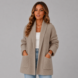 Women's Chunky-Knit Longline Oversized Cardigan in Camel, on model