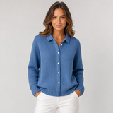Women's Classic Button-Front Knit Cardigan in Dark Blue, on model
