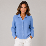 Women's Classic Button-Front Knit Cardigan in Blue, on model