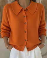 Women's Collared Button-Front Cardigan in Orange, on model
