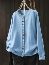 Women's Colorful-Button Knit Cardigan in Light Blue, on model