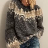Women's Fair-Isle Crewneck Sweater in Dark Gray, on model