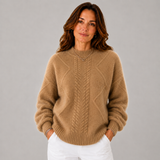 Women's Mock-Neck Cable-Knit Twist-Knit Sweater in Brown, on model