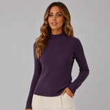 Women's Mock-Neck Ribbed Sweater in Purple, on model