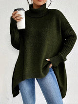 Women's Chunky-Knit Ribbed Oversized Turtleneck Sweater in Pine Green, on model