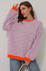 Women's Striped Oversized Sweater in Orange & Blue, on model