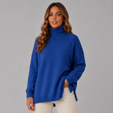 Women's Relaxed Ribbed Turtleneck Sweater in Blue, on model