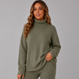 Women's Relaxed Ribbed Turtleneck Sweater in Green, on model