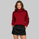 Women's Ribbed Oversized Contrast-Trim Turtleneck Sweater in Red, on model