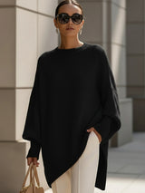 Women's Ribbed Oversized Drop-Shoulder Sweater in Navy Blue, on model