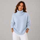 Women's Soft High-Neck Knit Sweater in Blue, on model