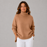 Women's Soft High-Neck Knit Sweater in Brown, on model