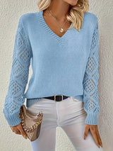 Women's V-Neck Open-Weave Panelled Sweater in Khaki, on model