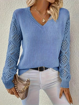 Women's V-Neck Open-Weave Panelled Sweater in Light Blue, on model