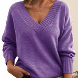 Women's V-Neck Ribbed Sweater in Purple, on model