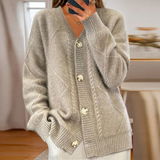 Women's Cable-Knit Oversized Cardigan in Grey, on model