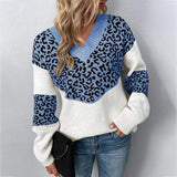 Women's Leopard-Print V-Neck Sweater in Light Blue, on model