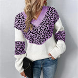 Women's Leopard-Print V-Neck Sweater in Purple, on model