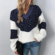 Women's Leopard-Print V-Neck Sweater in Dark Blue