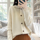 Women's Relaxed-Fit Collared Knit Cardigan in Beige, on model