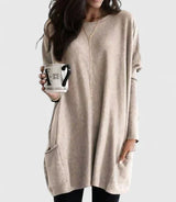 Women's Longline Oversized Pocket Sweater in Beige, on model