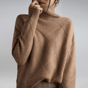 Women's Ribbed Oversized Panelled Turtleneck Sweater in Brown