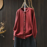 Women's Colorful-Button Knit Cardigan in Red, on model