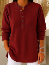 Women's Crewneck Ribbed Oversized Button-Front Sweater in Red, on model
