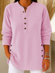 Women's Crewneck Ribbed Oversized Button-Front Sweater in Pink