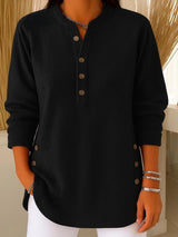 Women's Crewneck Ribbed Oversized Button-Front Sweater in Black, on model