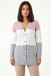 Women's Button-Front Cable-Knit Longline Cardigan in Pink