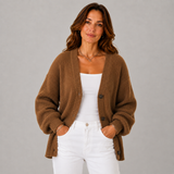 Women's Button-Front Chunky-Knit Ribbed Cardigan in Brown, on model